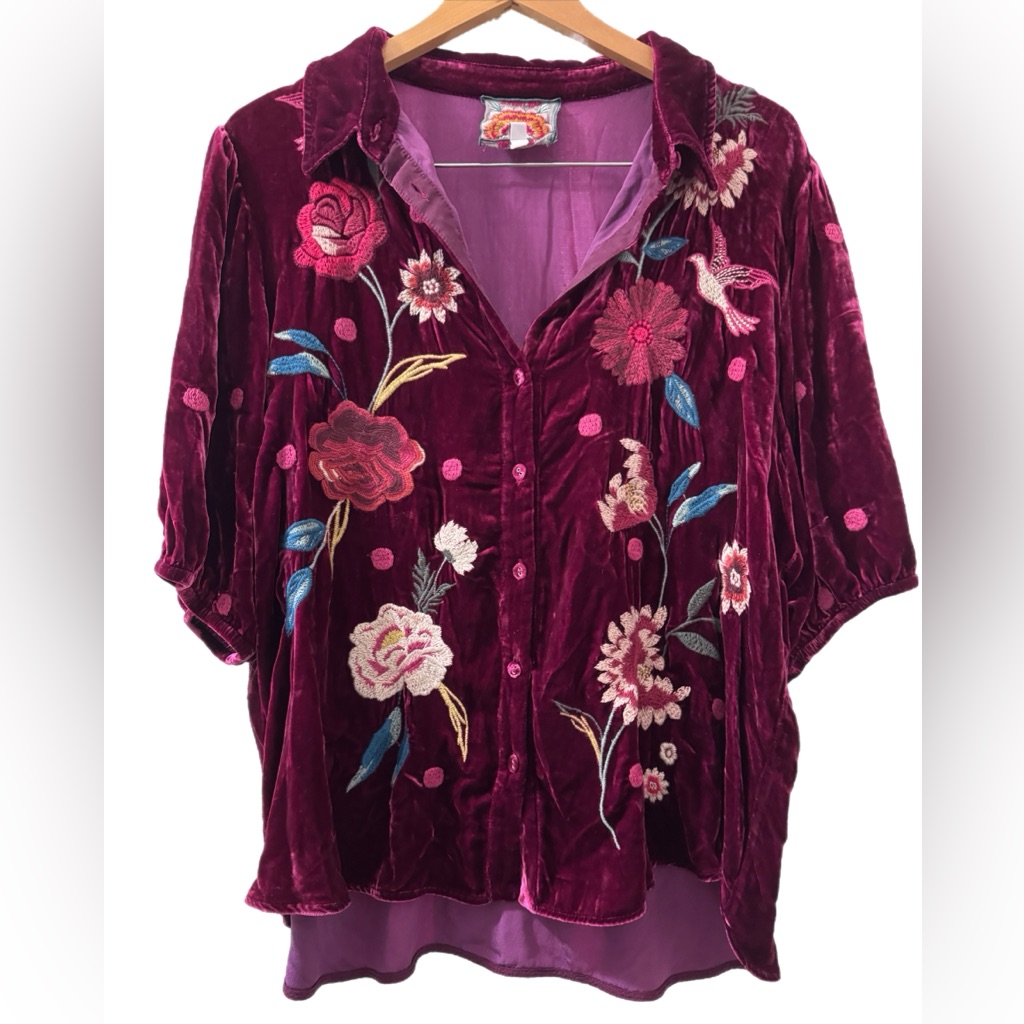 Johnny Was Burgundy Velvet Blouse With Floral Embroidery